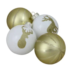4ct Champagne Gold And White Deer 2-Finish Christmas Ball Ornaments 4.5" (110mm)