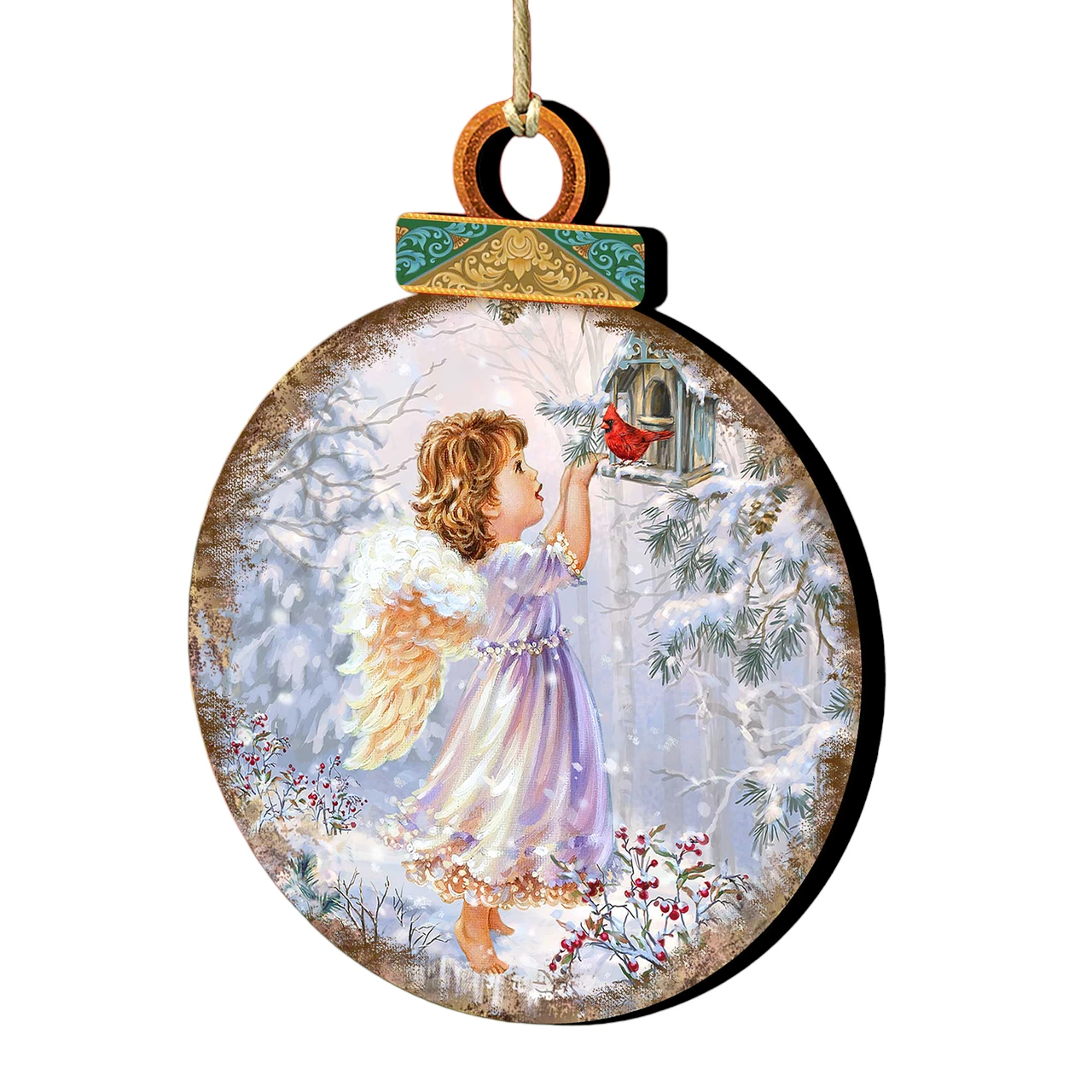 Set Of 2 Little Angel And A Bird In The Woodland Wooden Christmas Ornaments 5.5" 1 Set Of 2 Little Angel And A Bird In The Woodland Wooden Christmas Ornaments 5.5"
