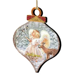 Set Of 2 Angel With Friends In The Woodland Onion Shaped Wooden Christmas Ornaments 5.5"