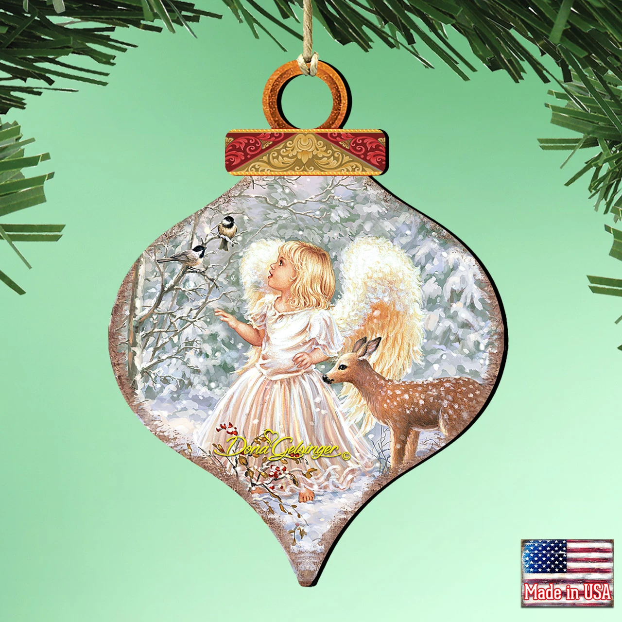 Set Of 2 Angel With Friends In The Woodland Onion Shaped Wooden Christmas Ornaments 5.5" 2 Set Of 2 Angel With Friends In The Woodland Onion Shaped Wooden Christmas Ornaments 5.5" - Image 2