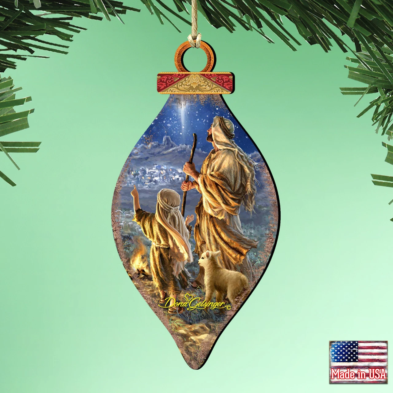 Set Of 2 Watching Shepherds Finial Teardrop Shaped Wooden Christmas Ornaments 5.5" 2 Set Of 2 Watching Shepherds Finial Teardrop Shaped Wooden Christmas Ornaments 5.5" - Image 2