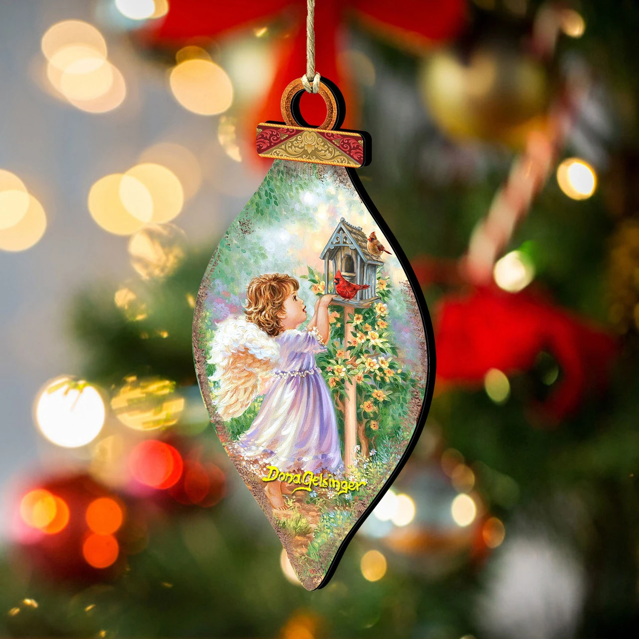 Set Of 2 Little Angel With Cardinals In Their House Wooden Ornaments 5.5" 2 Set Of 2 Little Angel With Cardinals In Their House Wooden Ornaments 5.5" - Image 2