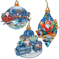 Set Of 3 Ride All The Way With Santa Claus Wooden Christmas Ornaments 5.5"