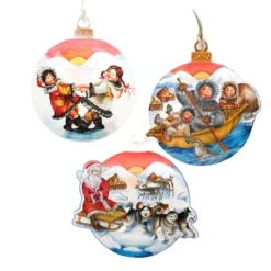 Set Of 3 Arctic Family Adventure Wooden Christmas Ornaments 5.5"