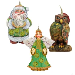 Set Of 3 Irish Santa Angel And Owl Wooden Christmas Ornaments 5.5"