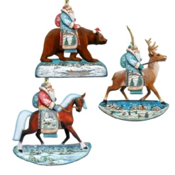 Set Of 3 Traveling Santa Claus Wooden Christmas Ornaments 5.5"