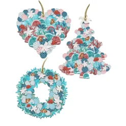 Set Of 3 Coastal Heart Christmas Tree And Wreath Wooden Ornaments 5.5"