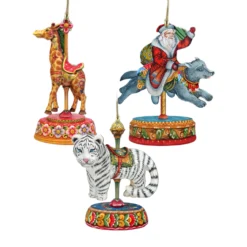 Set Of 3 Carousel Animals With Santa Claus Wooden Christmas Ornaments 5.5"