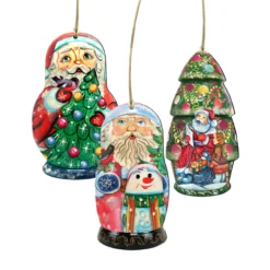 Set Of 3 Christmas Santa Snowman Doll Wooden Ornaments5.5"