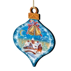 Set Of 2 Winter House Onion Shaped Wooden Christmas Ornaments 5.5"