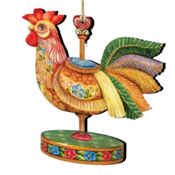 Set Of 2 Rooster Carousel Wooden Christmas Ornaments 5.5"