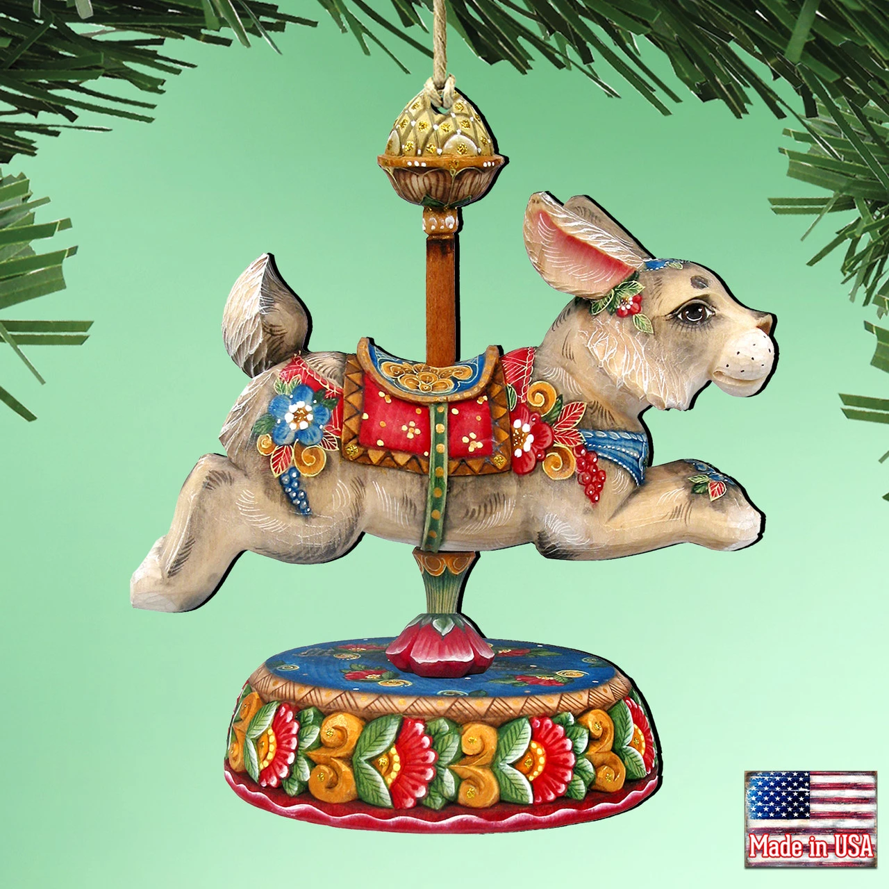Set Of 2 Bunny Carousel Wooden Easter And Christmas Ornaments 5.5" 2 Set Of 2 Bunny Carousel Wooden Easter And Christmas Ornaments 5.5" - Image 2