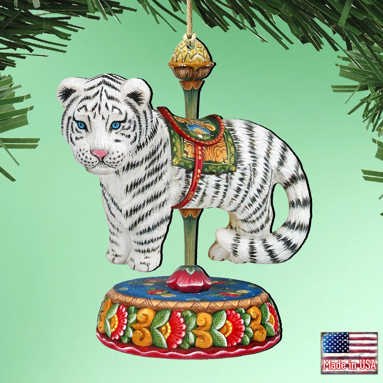 Set Of 2 Tiger Carousel Wooden Christmas Ornaments 5.5" 2 Set Of 2 Tiger Carousel Wooden Christmas Ornaments 5.5" - Image 2
