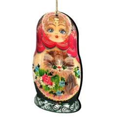 Set Of 2 Matreshka Doll With Cute Cat Wooden Christmas Ornaments 5.5"