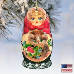 Set Of 2 Matreshka Doll With Cute Cat Wooden Christmas Ornaments 5.5" -Christmas Trees Shop 8115059 4 67436.1667549818