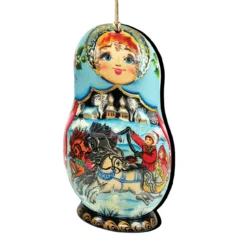 Set Of 2 Matreshka Doll Riding A Troika Horse Wooden Christmas Ornaments 5.5"