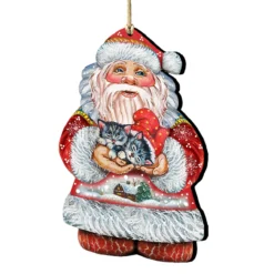 Set Of 2 Santa Claus With Sweet Cats Wooden Christmas Ornaments 5.5"