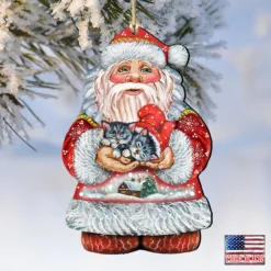 Set Of 2 Santa Claus With Sweet Cats Wooden Christmas Ornaments 5.5" -Christmas Trees Shop 8117808 4 50647.1667549870