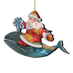 Set Of 2 Santa Ride Whale Coastal Wooden Christmas Ornaments 5.5"