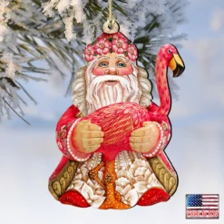 Set Of 2 Santa With A Flamingo Wooden Christmas Ornaments 5.5" -Christmas Trees Shop 8117835 4 08267.1667549879