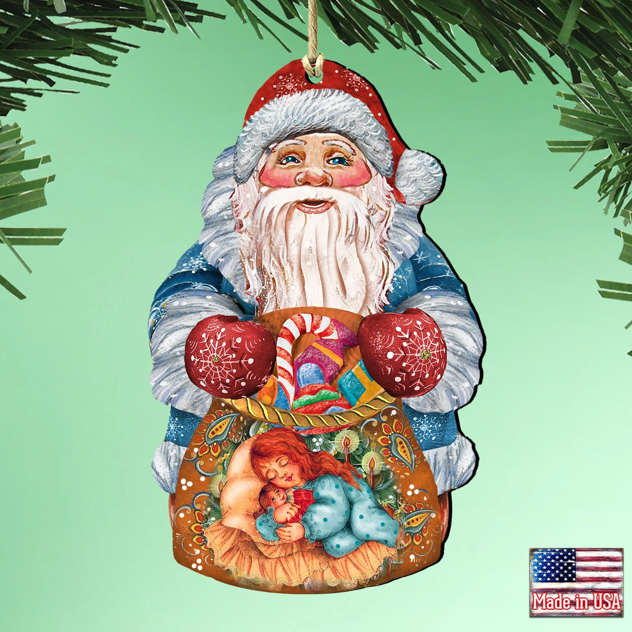 Set Of 2 Santa Claus Gifts Bag With A Loving Mother Wooden Christmas Ornaments 5.5" 2 Set Of 2 Santa Claus Gifts Bag With A Loving Mother Wooden Christmas Ornaments 5.5" - Image 2