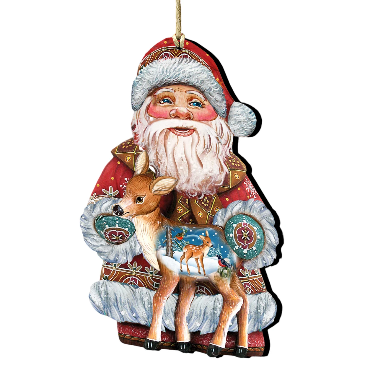 Set Of 2 Santa Claus Fawn Wooden Christmas Ornaments 5.5" 1 Set Of 2 Santa Claus Fawn Wooden Christmas Ornaments 5.5"