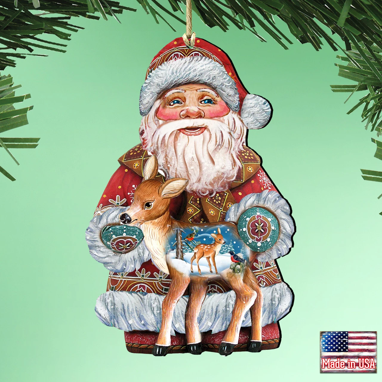 Set Of 2 Santa Claus Fawn Wooden Christmas Ornaments 5.5" 2 Set Of 2 Santa Claus Fawn Wooden Christmas Ornaments 5.5" - Image 2
