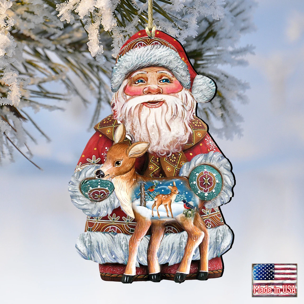 Set Of 2 Santa Claus Fawn Wooden Christmas Ornaments 5.5" 4 Set Of 2 Santa Claus Fawn Wooden Christmas Ornaments 5.5" - Image 4