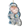 Set Of 2 Winter Santa White Tiger Wooden Christmas Ornaments 5.5"