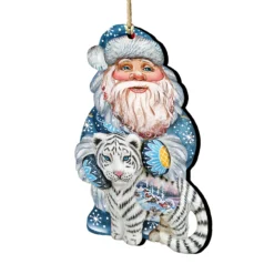 Set Of 2 Winter Santa White Tiger Wooden Christmas Ornaments 5.5"