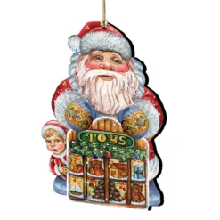 Set Of 2 Santa Claus Toy Shop Wooden Christmas Ornaments 5.5"