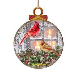 Set Of 2 Winter House With Cardinals Round Wooden Christmas Ornaments 5.5"