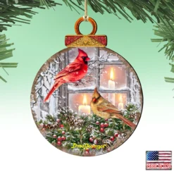 Set Of 2 Winter House With Cardinals Round Wooden Christmas Ornaments 5.5" -Christmas Trees Shop 8121126dg 4 35105.1667549914