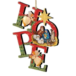 Set Of 2 Magnificent Nativity "Hope" Wooden Christmas Ornaments 5.5"