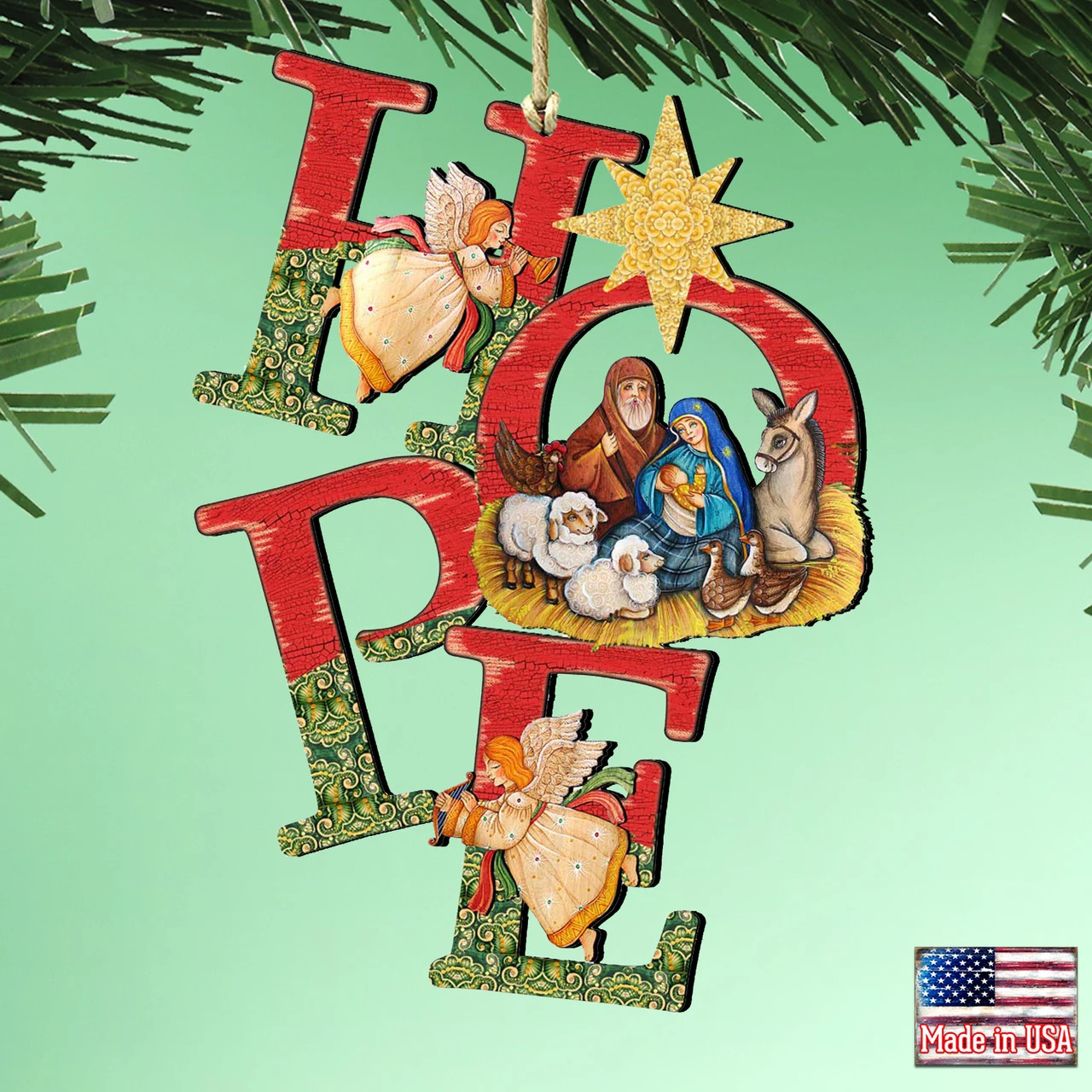 Set Of 2 Magnificent Nativity "Hope" Wooden Christmas Ornaments 5.5" 2 Set Of 2 Magnificent Nativity "Hope" Wooden Christmas Ornaments 5.5" - Image 2