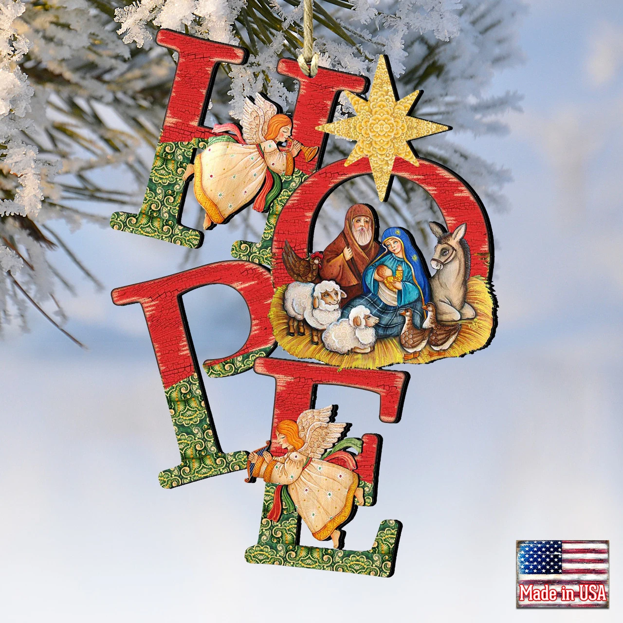 Set Of 2 Magnificent Nativity "Hope" Wooden Christmas Ornaments 5.5" 4 Set Of 2 Magnificent Nativity "Hope" Wooden Christmas Ornaments 5.5" - Image 4