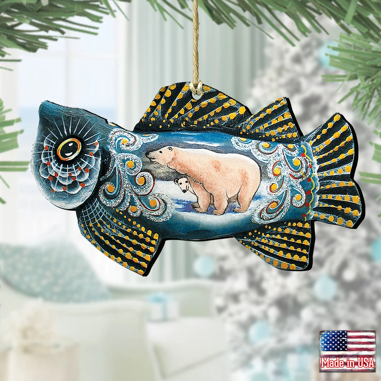 Set Of 2 Frosty Fish With Polar Bears Wooden Christmas Ornaments 5.5" 2 Set Of 2 Frosty Fish With Polar Bears Wooden Christmas Ornaments 5.5" - Image 2