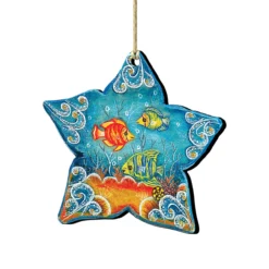 Set Of 2 Sea Star Seaside Wooden Christmas Ornaments 5.5"