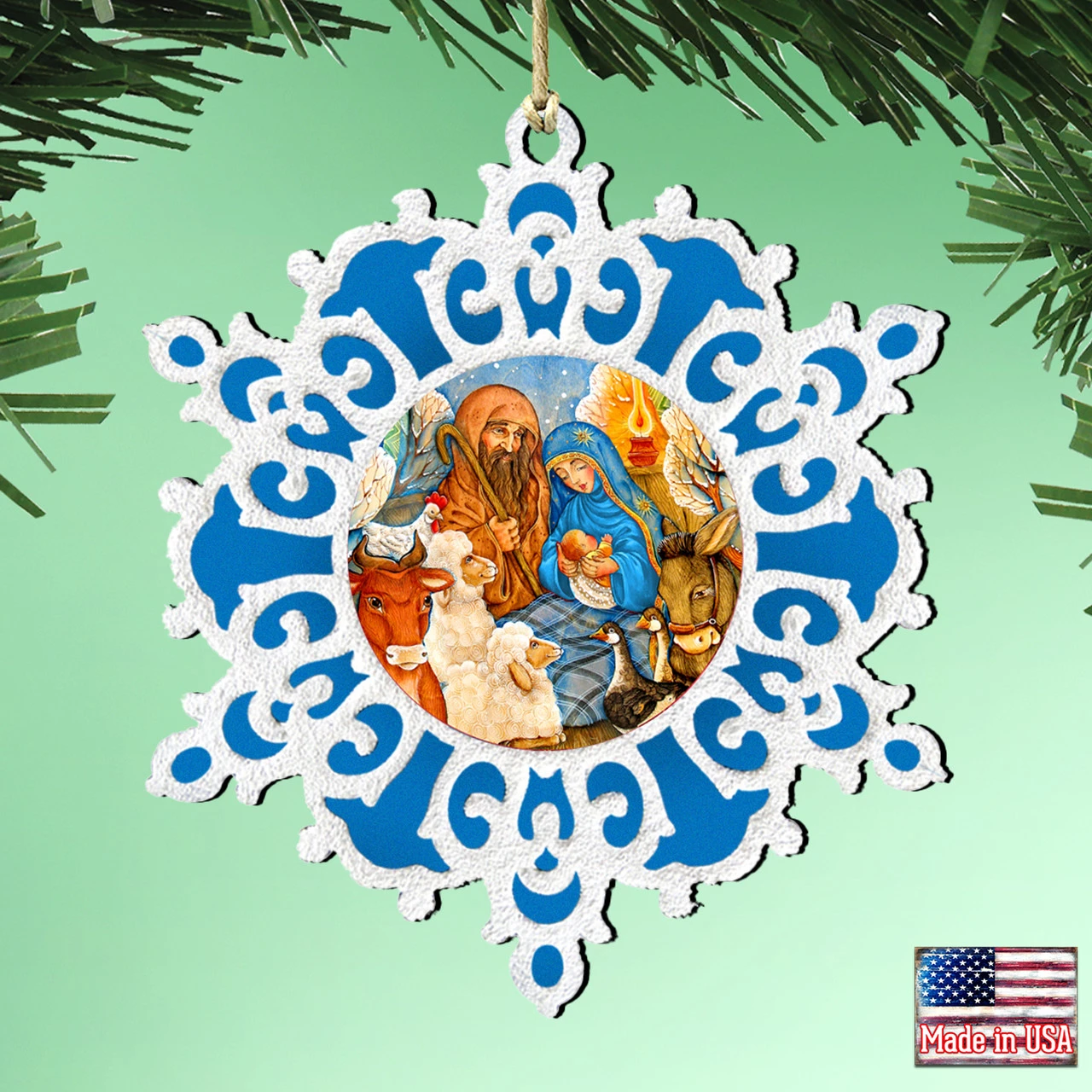 Set Of 2 Snowflake Nativity Scene Wooden Christmas Ornaments 5.5" 2 Set Of 2 Snowflake Nativity Scene Wooden Christmas Ornaments 5.5" - Image 2