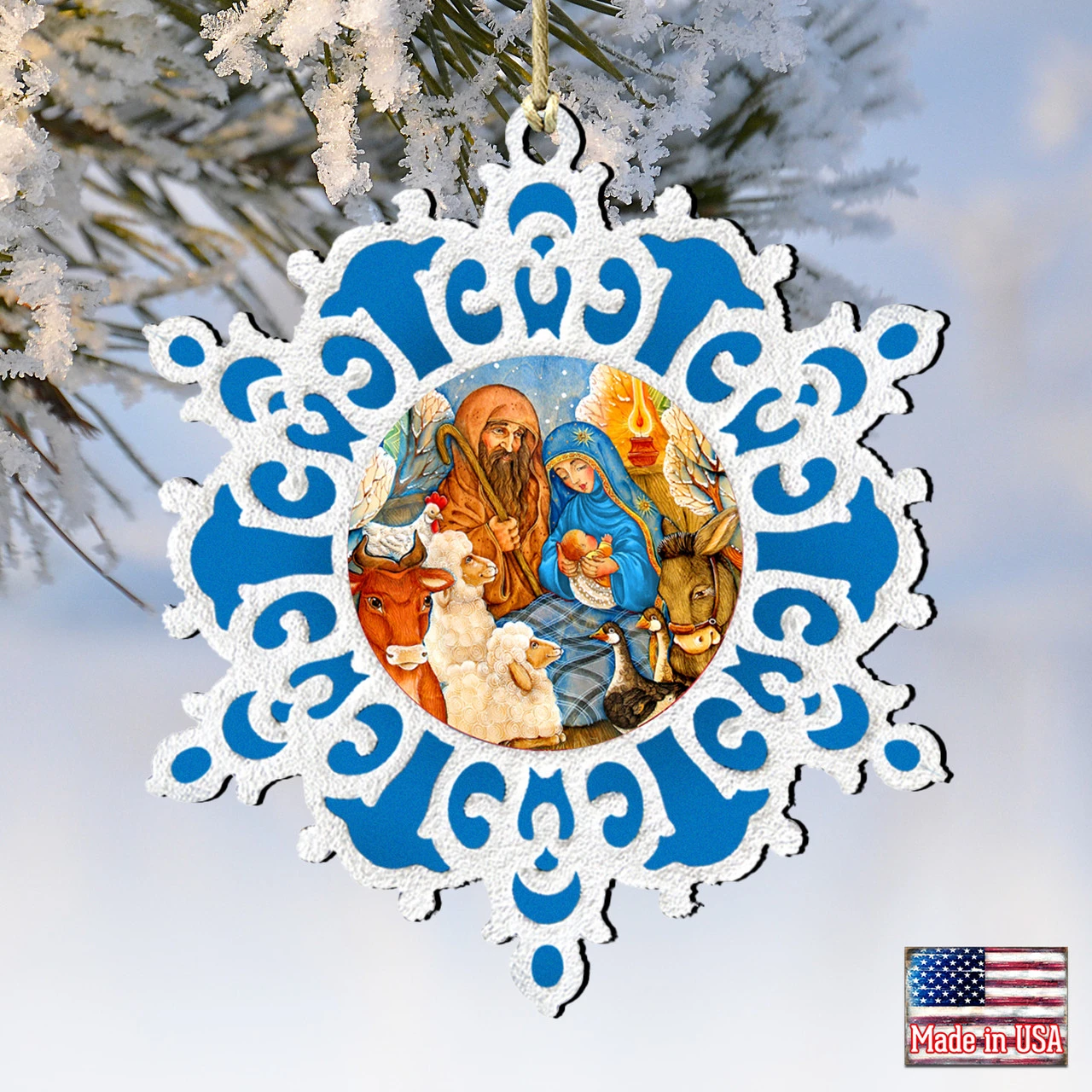 Set Of 2 Snowflake Nativity Scene Wooden Christmas Ornaments 5.5" 4 Set Of 2 Snowflake Nativity Scene Wooden Christmas Ornaments 5.5" - Image 4