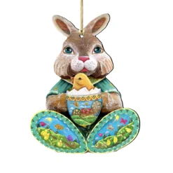 Set Of 2 Easter Bunny Egg With A Chick Wooden Christmas Ornaments 5.5"