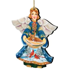 Set Of 2 Angel With Cardinals And Deer Wooden Christmas Ornaments 5.5"