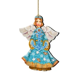 Set Of 2 Guardian Of The Sea With Anchor Wooden Christmas Ornaments 5.5"