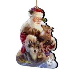 Set Of 2 Santa With Forest Friends Wooden Christmas Ornaments 5.5"