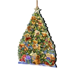 Set Of 2 Teddy Bear Tree With Gifts Wooden Christmas Ornaments 5.5"