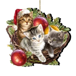 Set Of 2 Kittens In A Basket Wooden Christmas Ornaments 5.5"
