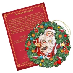 Set Of 2 Santa With Birds Wreath Wooden Christmas Ornaments 5.5"