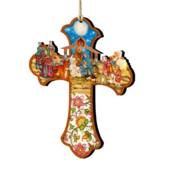 Set Of 2 Nativity Scene Cross Wooden Christmas Ornaments 5.5"