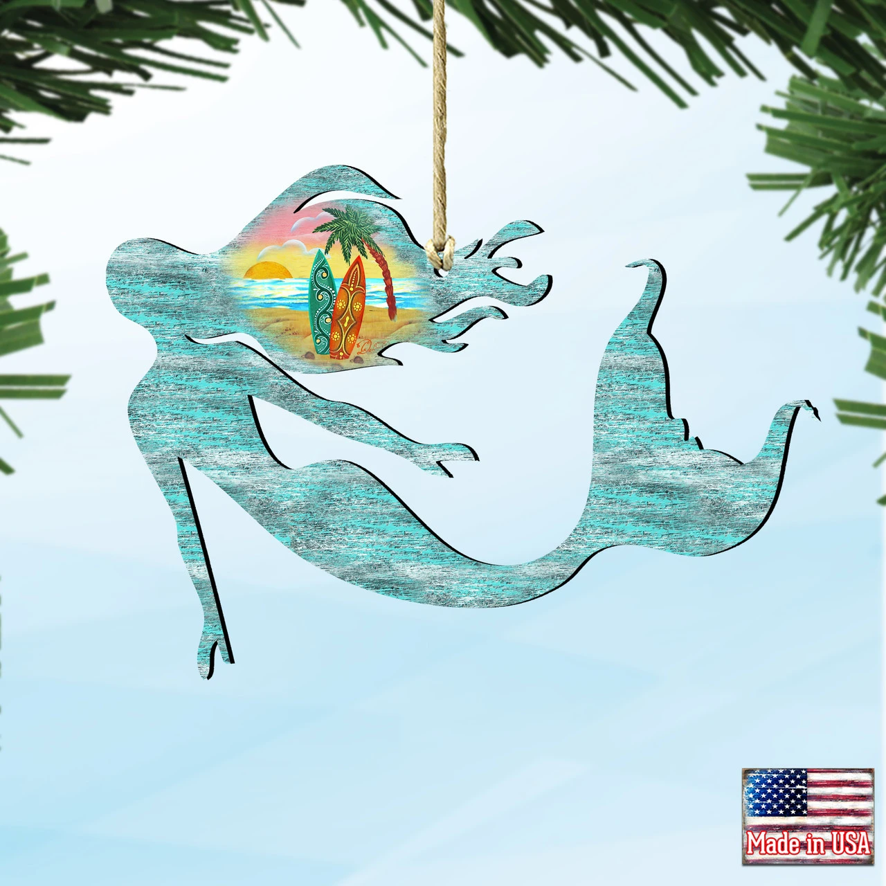 Set Of 2 Mermaid Beach Scene Wooden Christmas Ornaments 5.5" 4 Set Of 2 Mermaid Beach Scene Wooden Christmas Ornaments 5.5" - Image 4