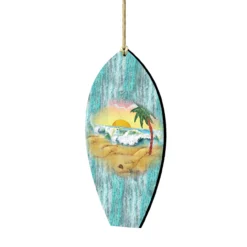 Set Of 2 Surfboard Beach Scene Wooden Christmas Ornaments 5.5"